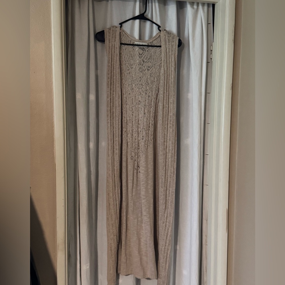 Knox Rose Crochet Knit Open-Front Maxi Vest in Beige